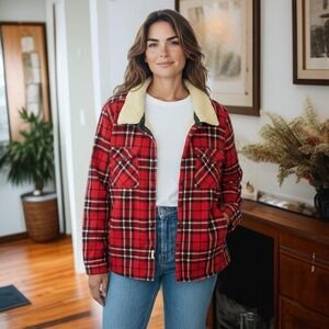 Soho Threads Shacket Womens XL Red Plaid Sherpa Lined‎ Snap Front Shirt Jacket